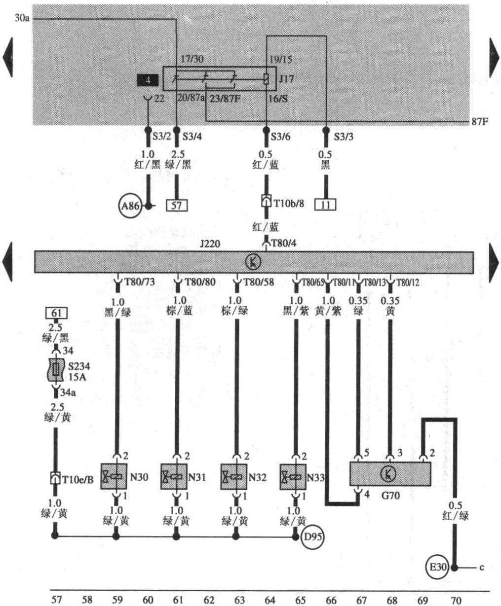 發(fā)動(dòng)機(jī)控制單元、空氣質(zhì)量計(jì)、燃油泵繼電器和噴嘴(57～70)